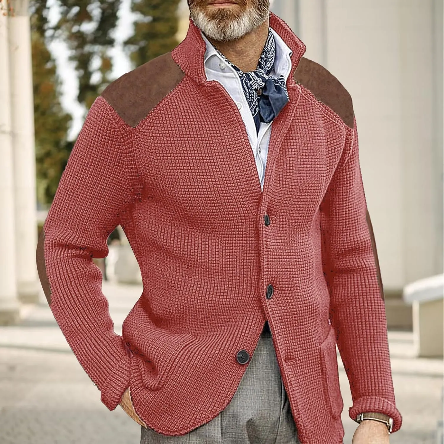 Cardigan Sweater for Mens Shawl Collar Button Down Knitted Sweaters Plus Size Elbow Fall Winter Chunky Jackets