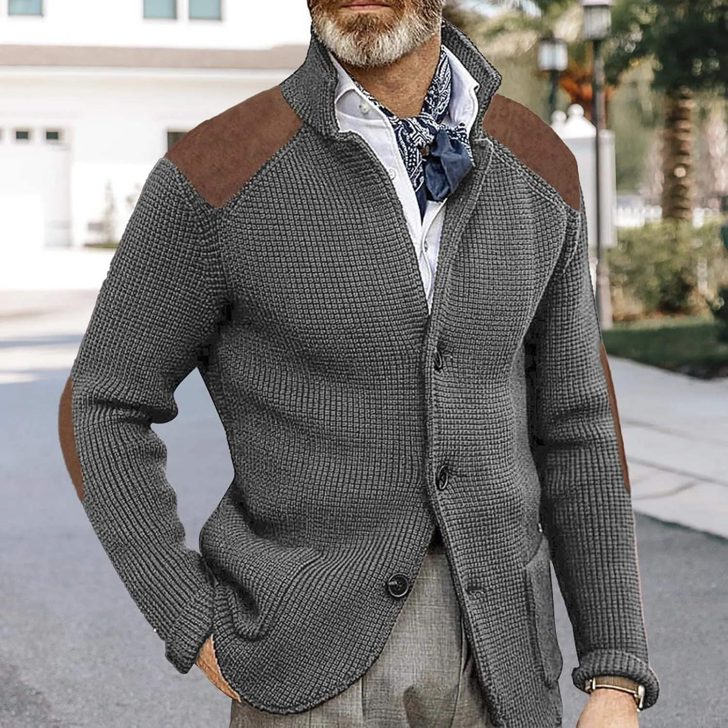 Cardigan Sweater for Mens Shawl Collar Button Down Knitted Sweaters Plus Size Elbow Fall Winter Chunky Jackets