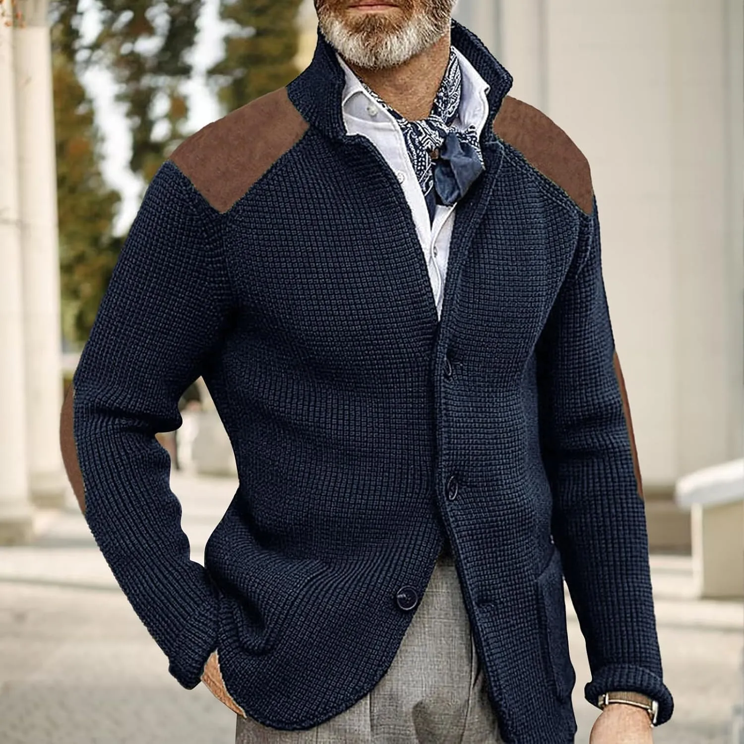 Cardigan Sweater for Mens Shawl Collar Button Down Knitted Sweaters Plus Size Elbow Fall Winter Chunky Jackets