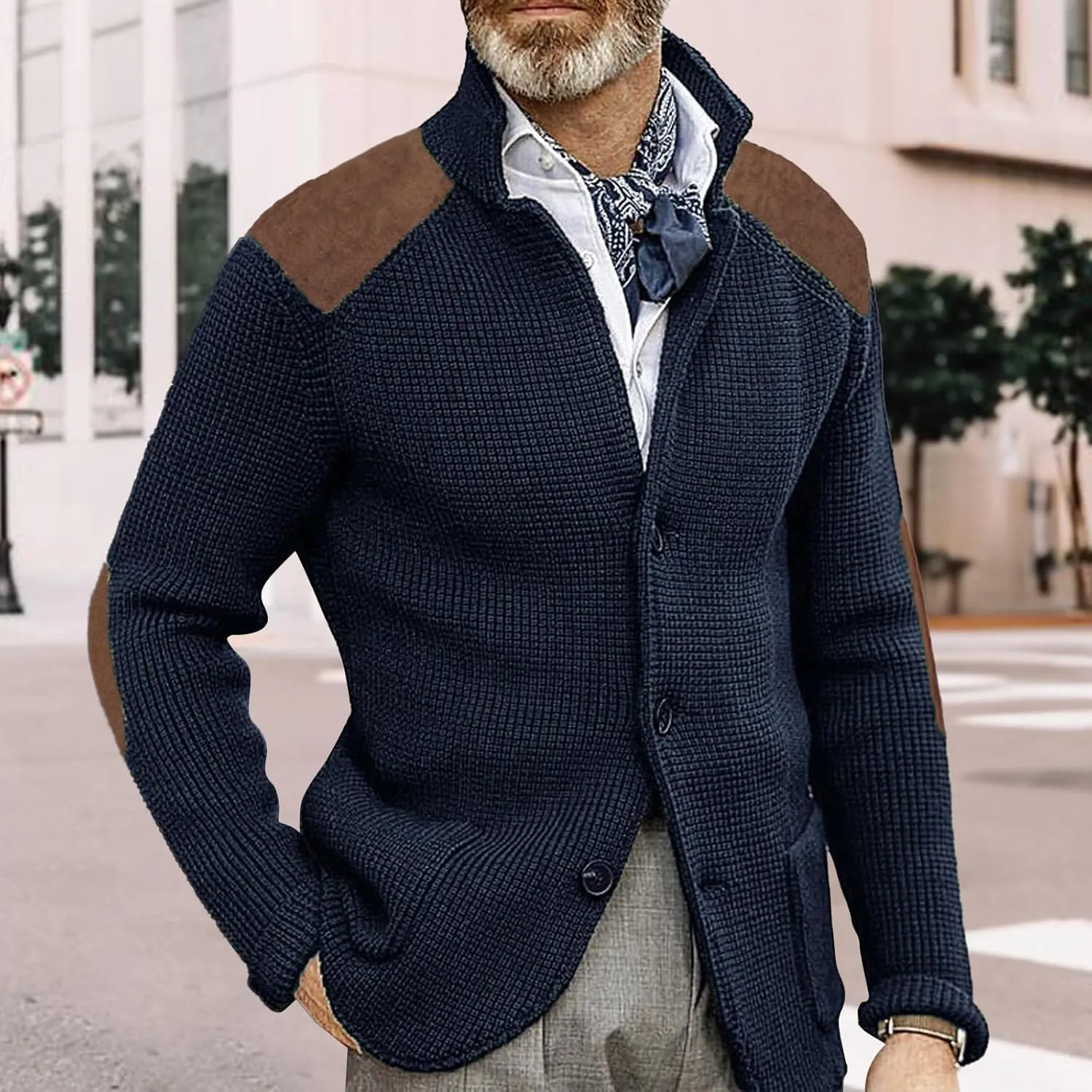 Cardigan Sweater for Mens Shawl Collar Button Down Knitted Sweaters Plus Size Elbow Fall Winter Chunky Jackets