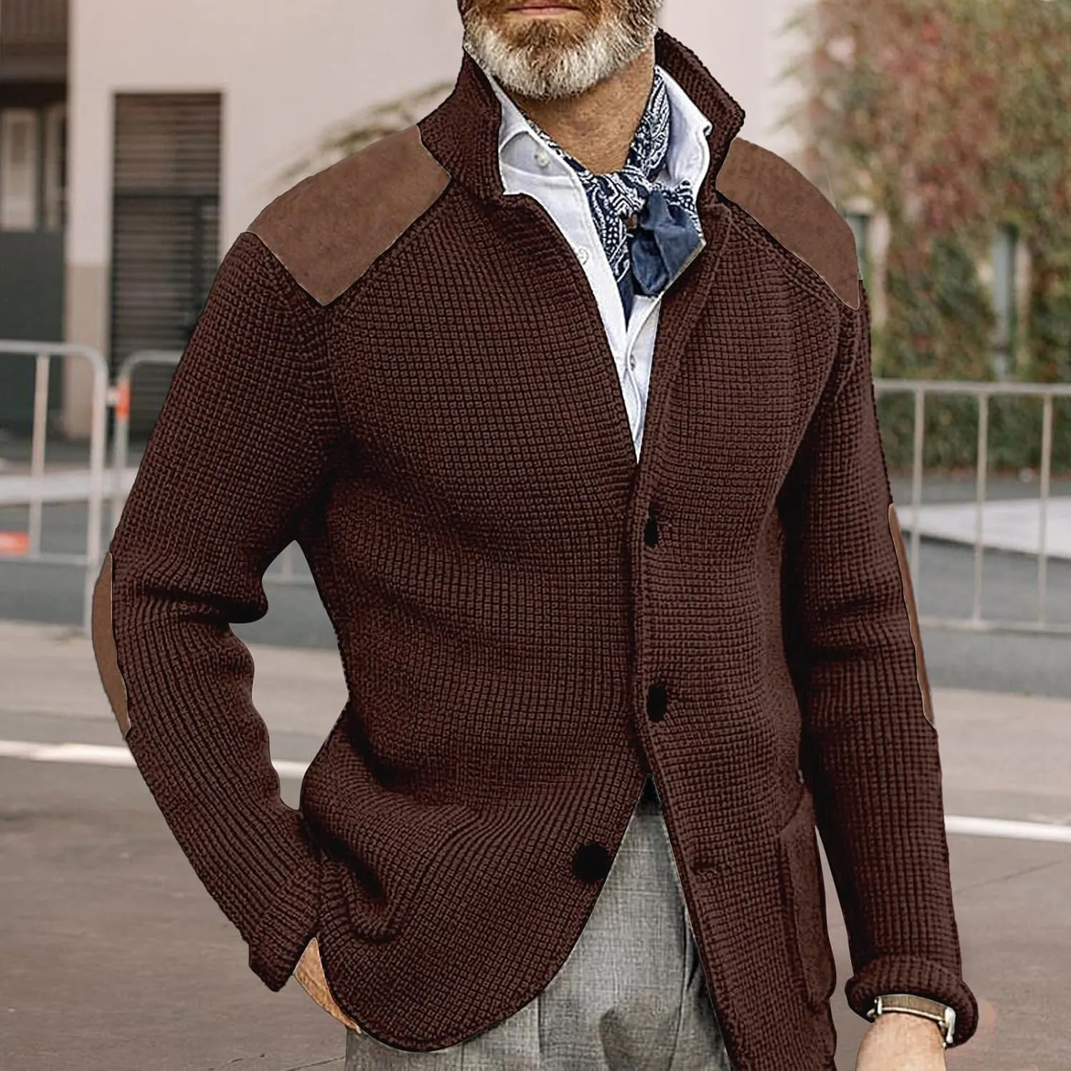 Cardigan Sweater for Mens Shawl Collar Button Down Knitted Sweaters Plus Size Elbow Fall Winter Chunky Jackets