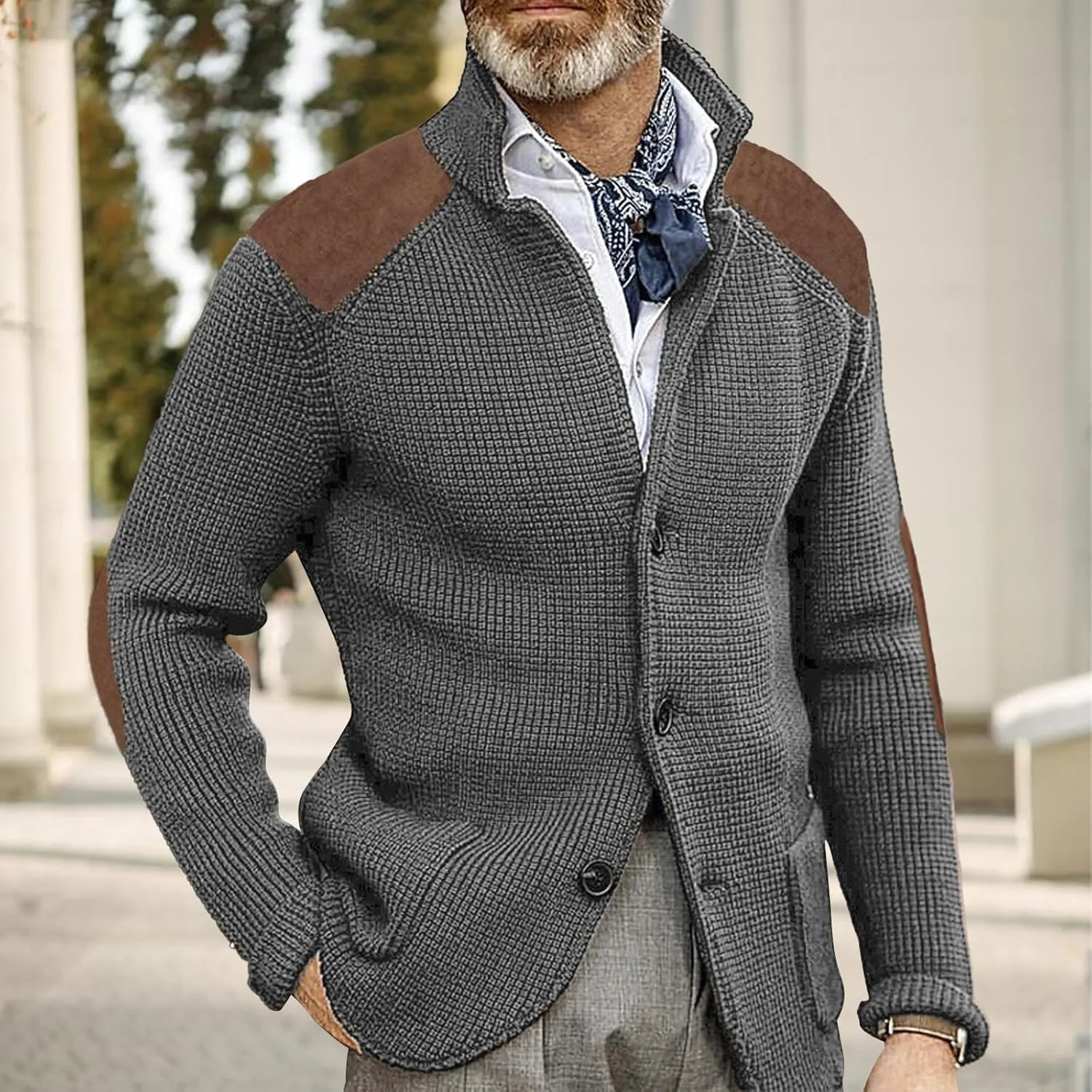 Cardigan Sweater for Mens Shawl Collar Button Down Knitted Sweaters Plus Size Elbow Fall Winter Chunky Jackets