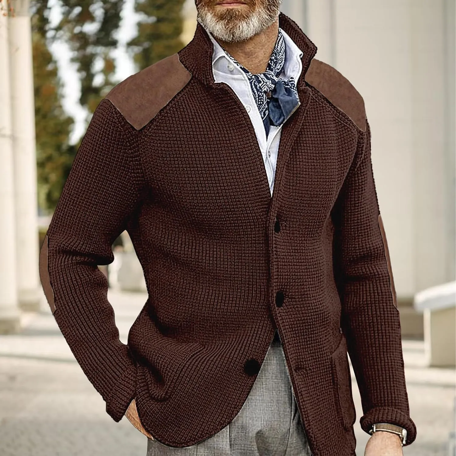 Cardigan Sweater for Mens Shawl Collar Button Down Knitted Sweaters Plus Size Elbow Fall Winter Chunky Jackets