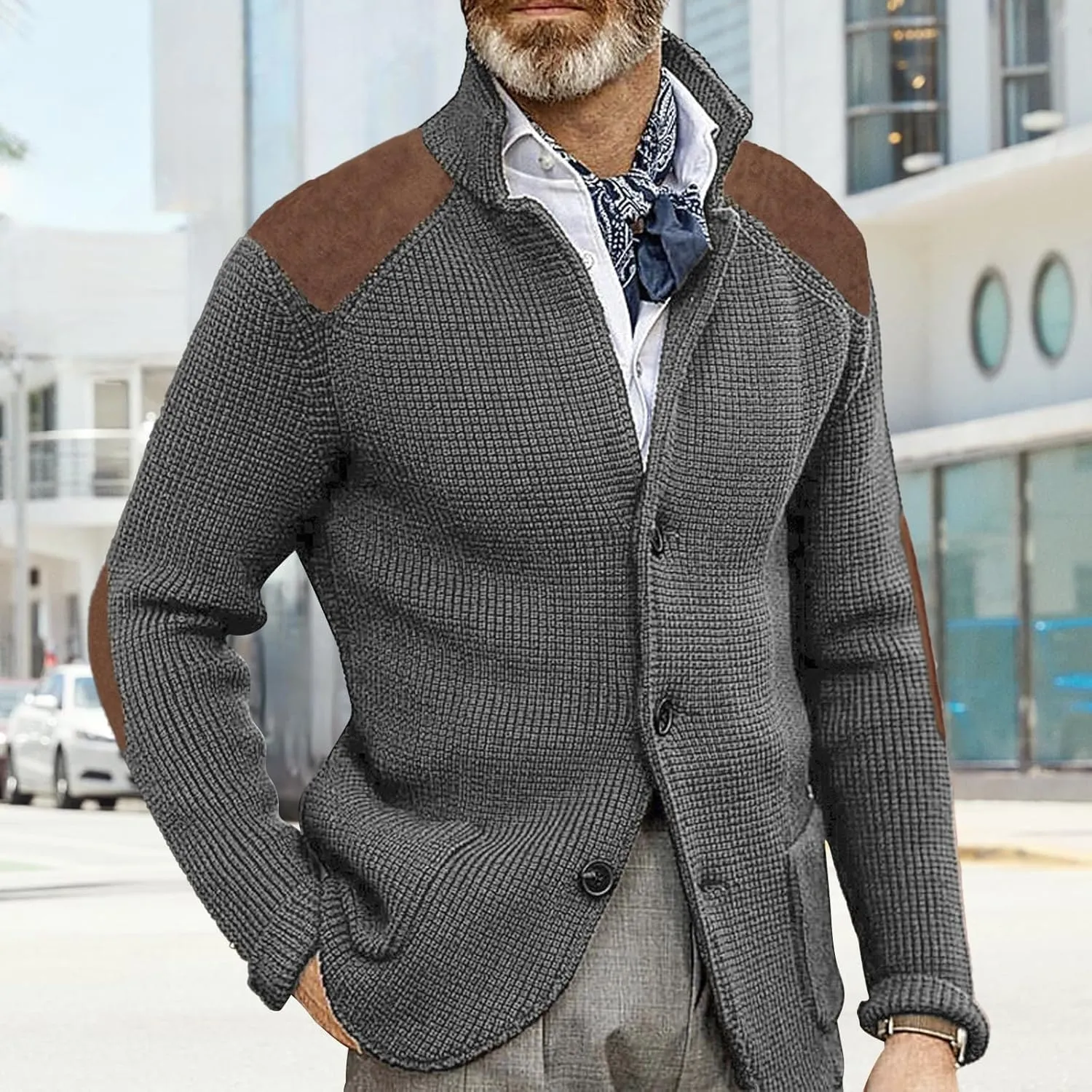 Cardigan Sweater for Mens Shawl Collar Button Down Knitted Sweaters Plus Size Elbow Fall Winter Chunky Jackets