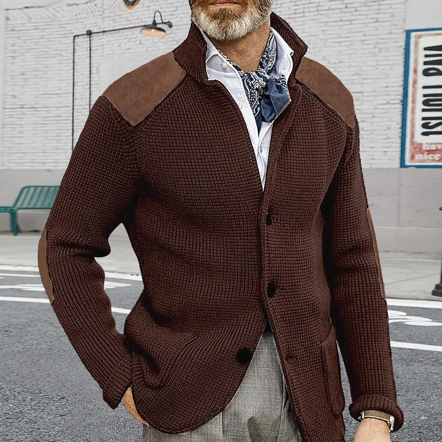 Cardigan Sweater for Mens Shawl Collar Button Down Knitted Sweaters Plus Size Elbow Fall Winter Chunky Jackets
