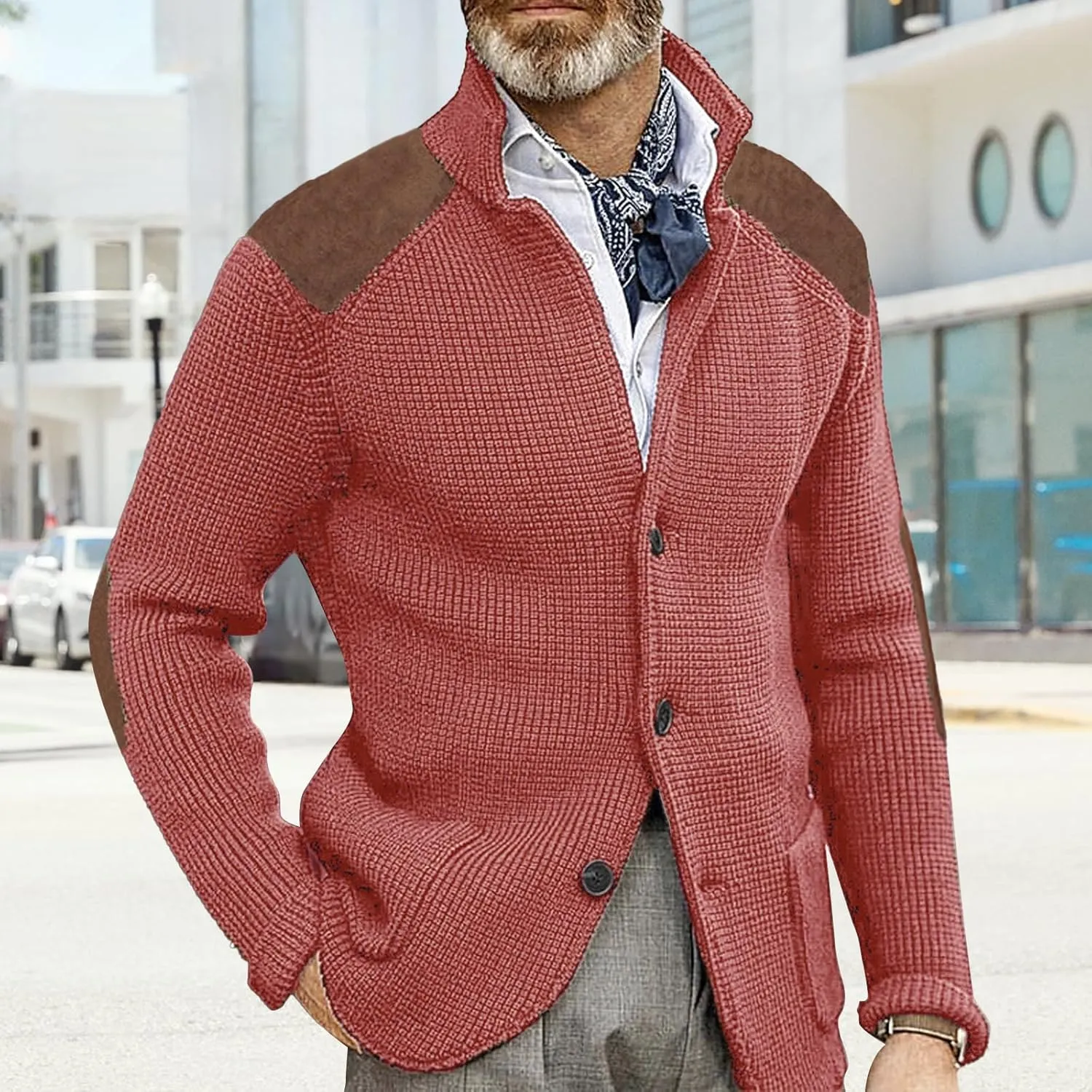 Cardigan Sweater for Mens Shawl Collar Button Down Knitted Sweaters Plus Size Elbow Fall Winter Chunky Jackets