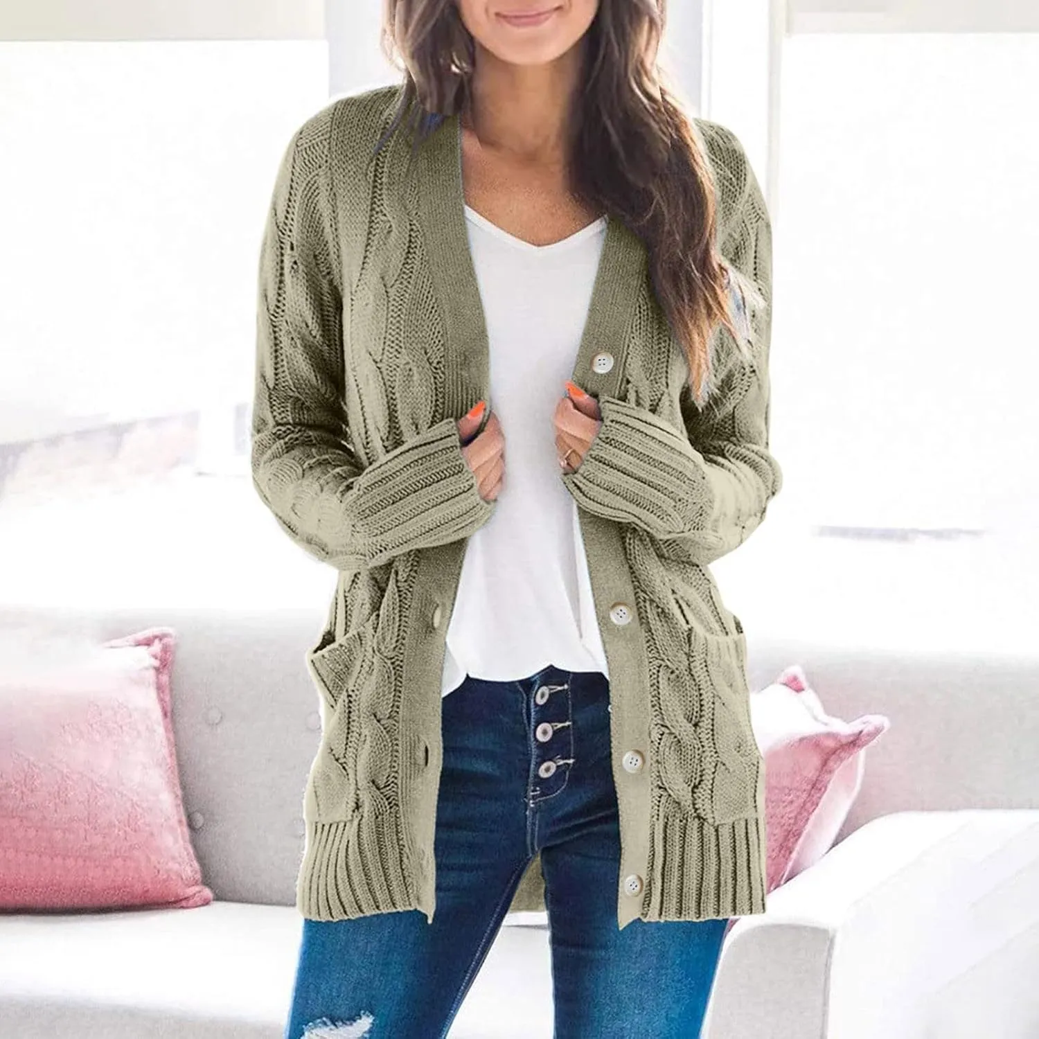 Cardigan Sweaters for Women 2024 Fall Button Down Open Front Cardigan Knit Chunky Sweater Outwear Coats with Pockets