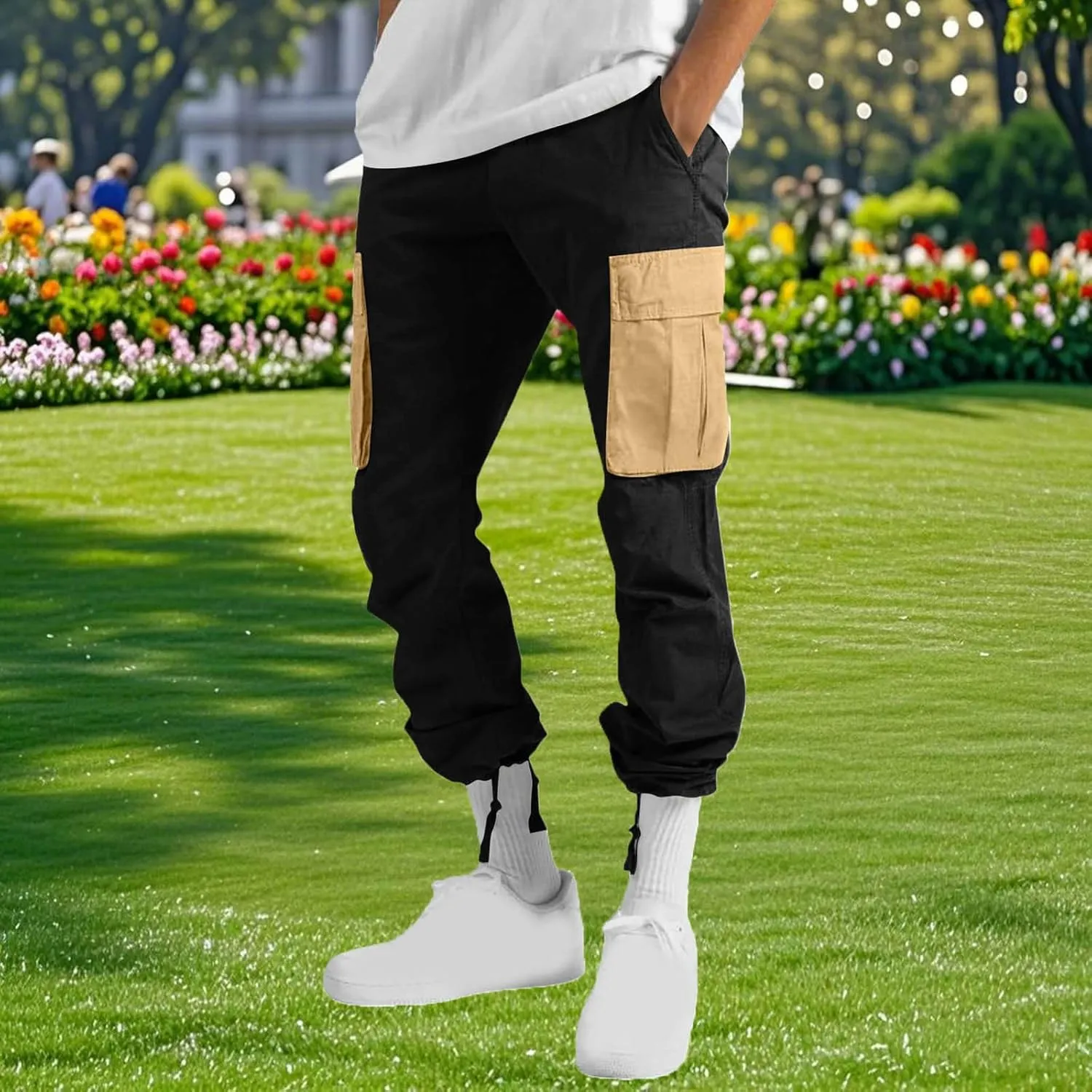 Cargo Pants for Men Fashion Color Block Hiking Straight Leg Sweatpants Athletic Cotton Twill Trousers with Pockets