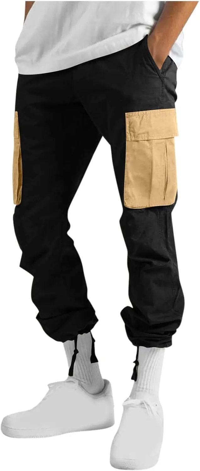 Cargo Pants for Men Fashion Color Block Hiking Straight Leg Sweatpants Athletic Cotton Twill Trousers with Pockets
