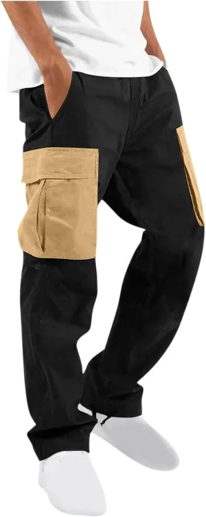 Cargo Pants for Men Fashion Color Block Hiking Straight Leg Sweatpants Athletic Cotton Twill Trousers with Pockets