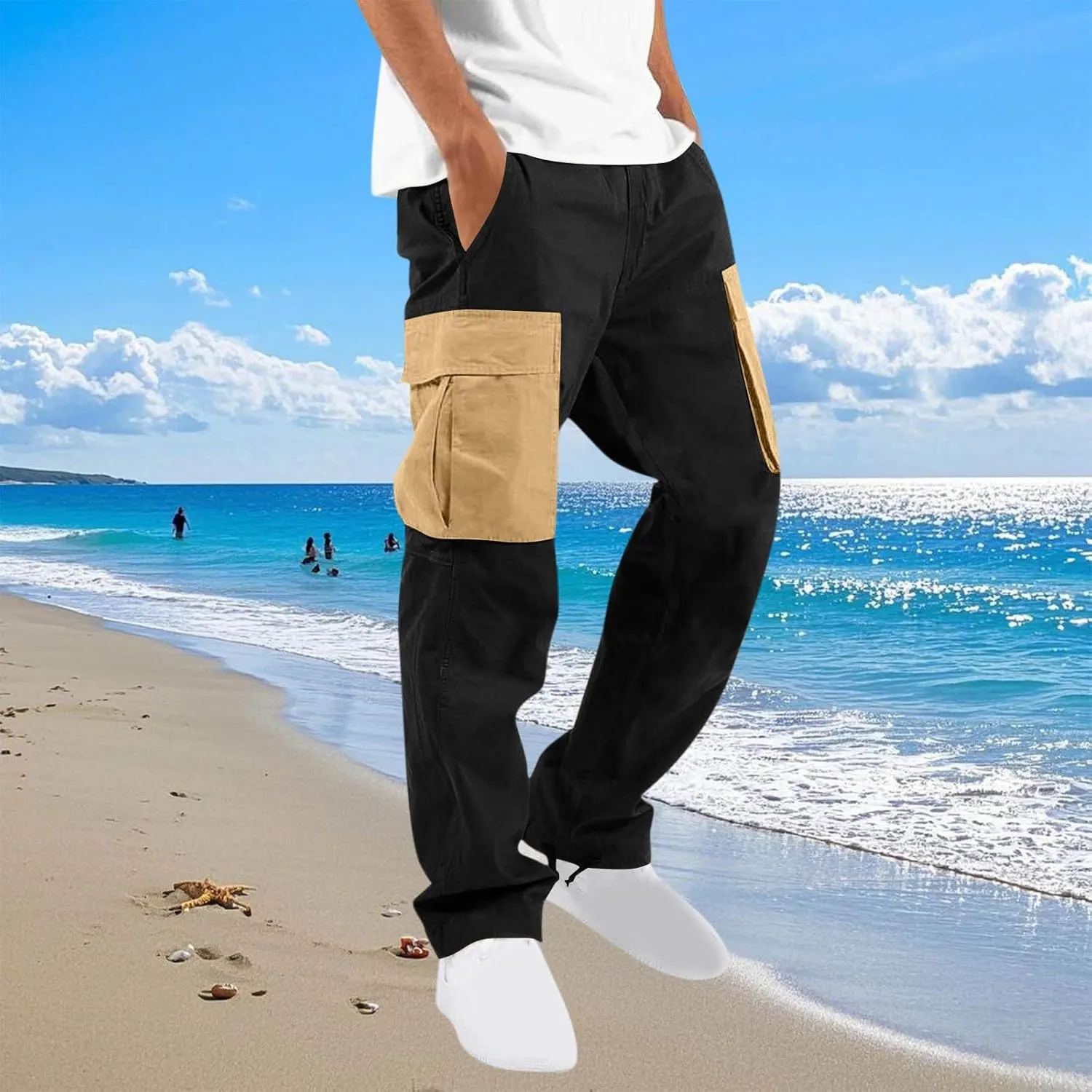 Cargo Pants for Men Fashion Color Block Hiking Straight Leg Sweatpants Athletic Cotton Twill Trousers with Pockets
