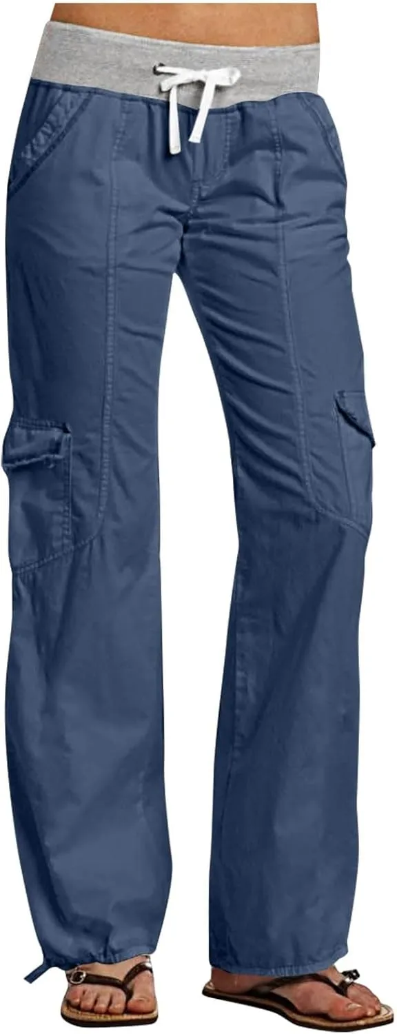 Cargo Pants Women with Flap Pockets High Waisted Side Tie Hem Straight Leg Drawstring Hiking Pants for Travel Joggers