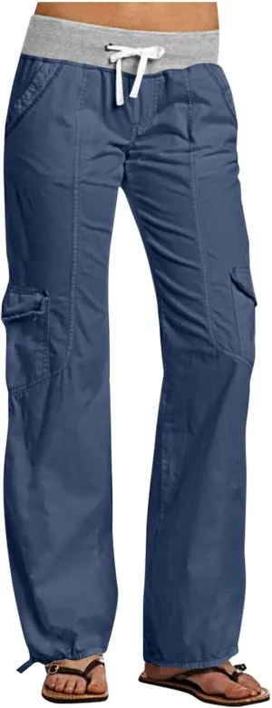 Cargo Pants Women with Flap Pockets High Waisted Side Tie Hem Straight Leg Drawstring Hiking Pants for Travel Joggers