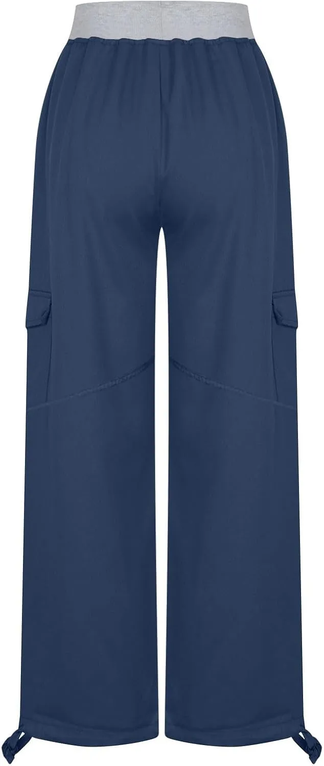 Cargo Pants Women with Flap Pockets High Waisted Side Tie Hem Straight Leg Drawstring Hiking Pants for Travel Joggers