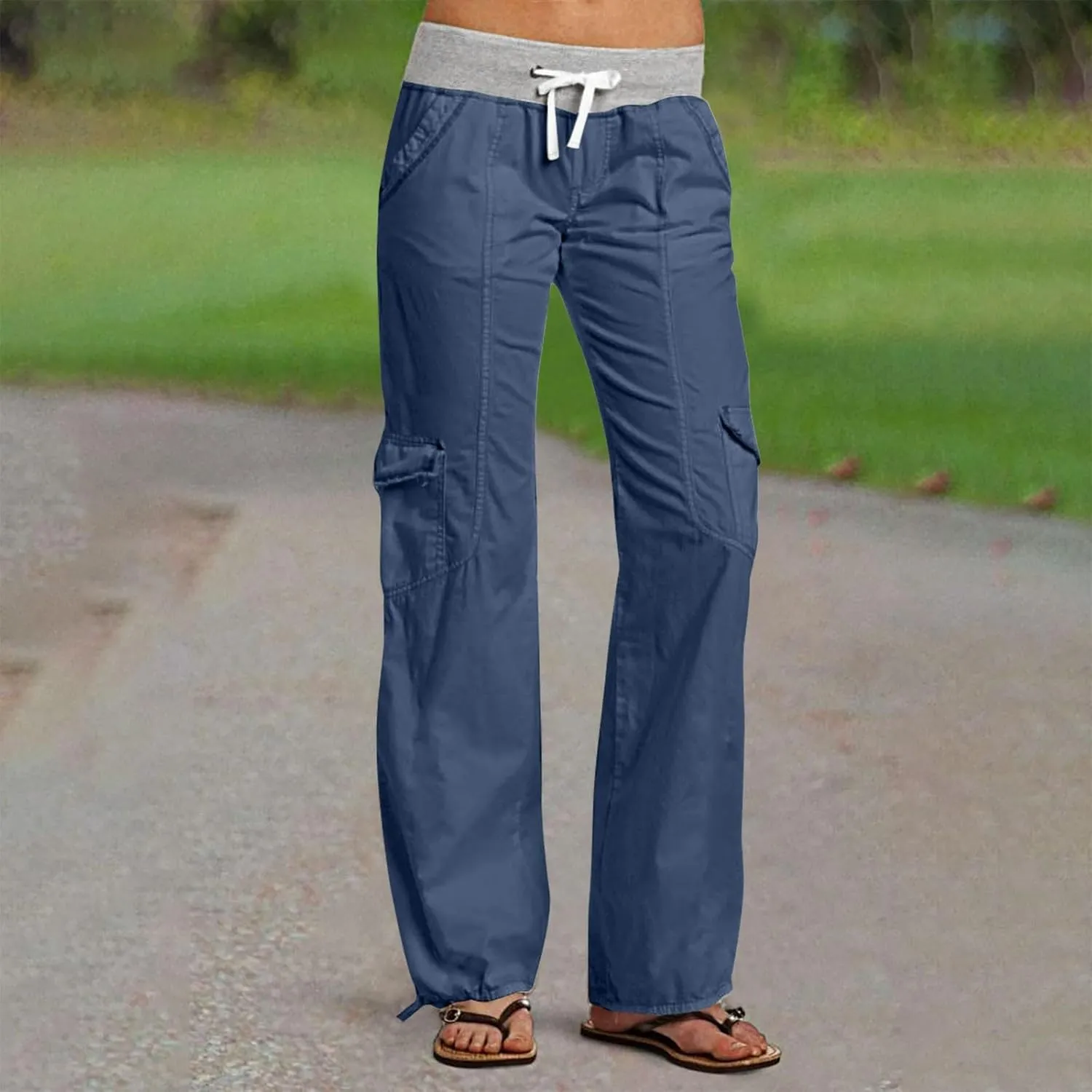 Cargo Pants Women with Flap Pockets High Waisted Side Tie Hem Straight Leg Drawstring Hiking Pants for Travel Joggers