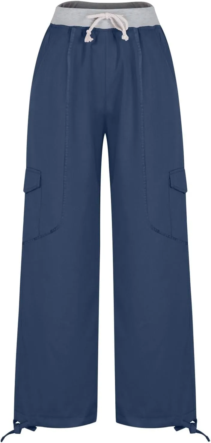 Cargo Pants Women with Flap Pockets High Waisted Side Tie Hem Straight Leg Drawstring Hiking Pants for Travel Joggers