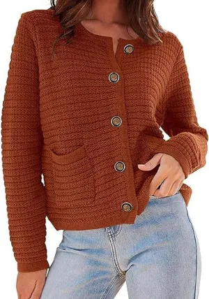 CHARTOU Women Casual Cable Knit Cropped Cardigan Sweaters Short Knitted Blazer Crewneck Button Down Sweater Jacket Pockets