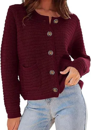 CHARTOU Women Casual Cable Knit Cropped Cardigan Sweaters Short Knitted Blazer Crewneck Button Down Sweater Jacket Pockets