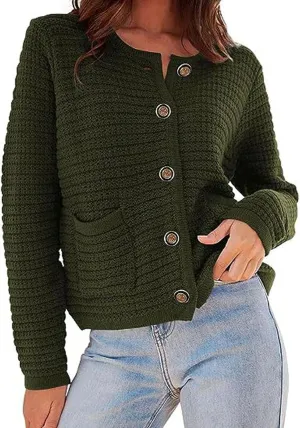 CHARTOU Women Casual Cable Knit Cropped Cardigan Sweaters Short Knitted Blazer Crewneck Button Down Sweater Jacket Pockets