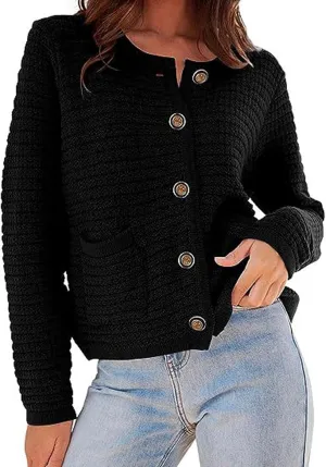 CHARTOU Women Casual Cable Knit Cropped Cardigan Sweaters Short Knitted Blazer Crewneck Button Down Sweater Jacket Pockets