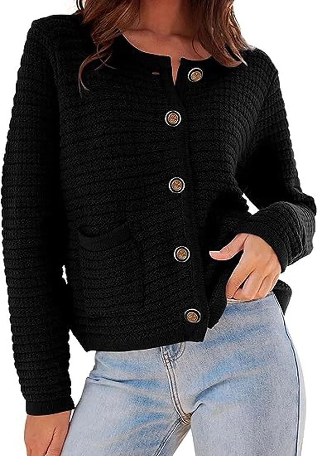 CHARTOU Women Casual Cable Knit Cropped Cardigan Sweaters Short Knitted Blazer Crewneck Button Down Sweater Jacket Pockets