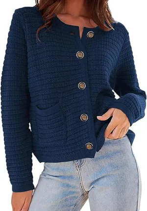 CHARTOU Women Casual Cable Knit Cropped Cardigan Sweaters Short Knitted Blazer Crewneck Button Down Sweater Jacket Pockets