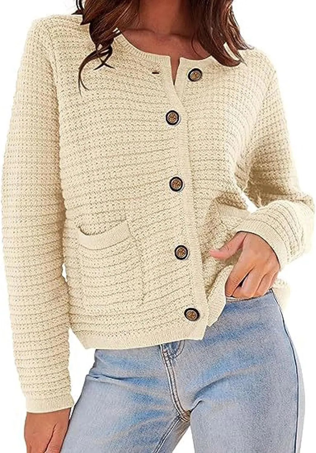 CHARTOU Women Casual Cable Knit Cropped Cardigan Sweaters Short Knitted Blazer Crewneck Button Down Sweater Jacket Pockets