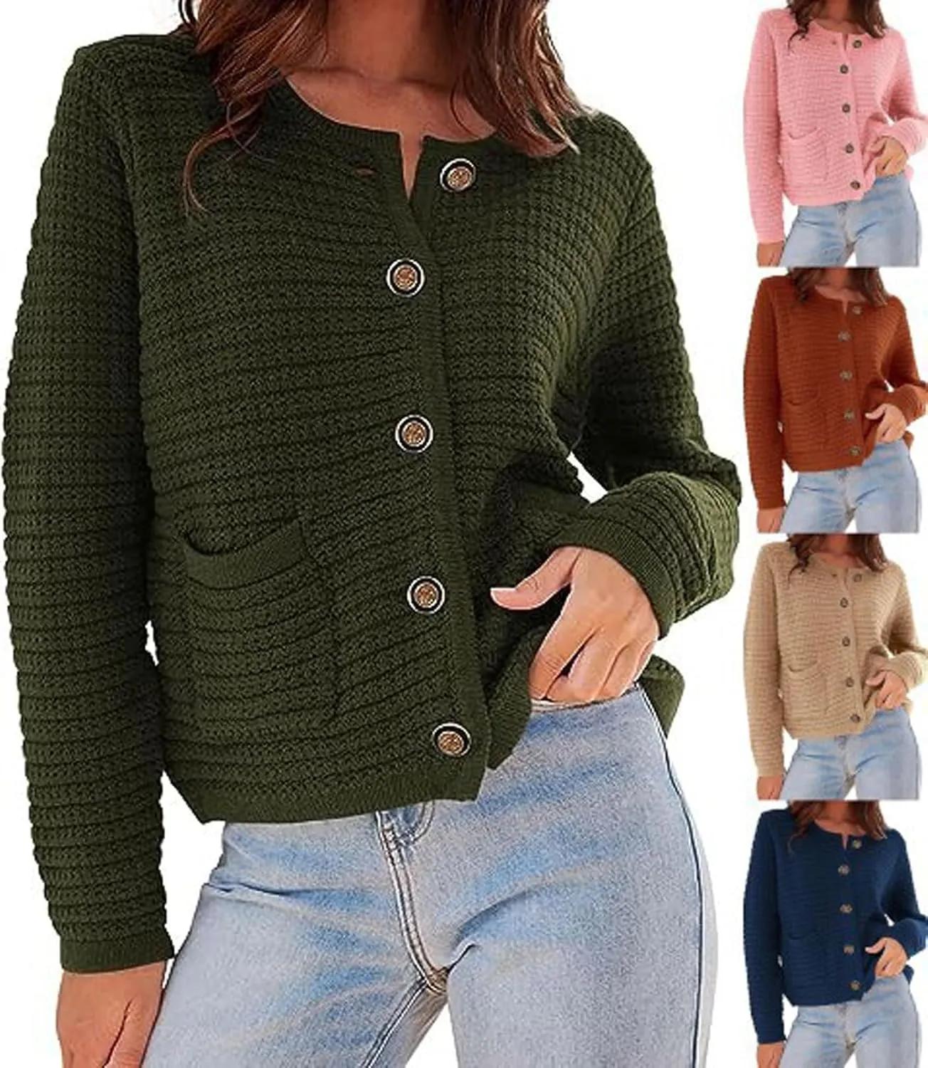 CHARTOU Women Casual Cable Knit Cropped Cardigan Sweaters Short Knitted Blazer Crewneck Button Down Sweater Jacket Pockets