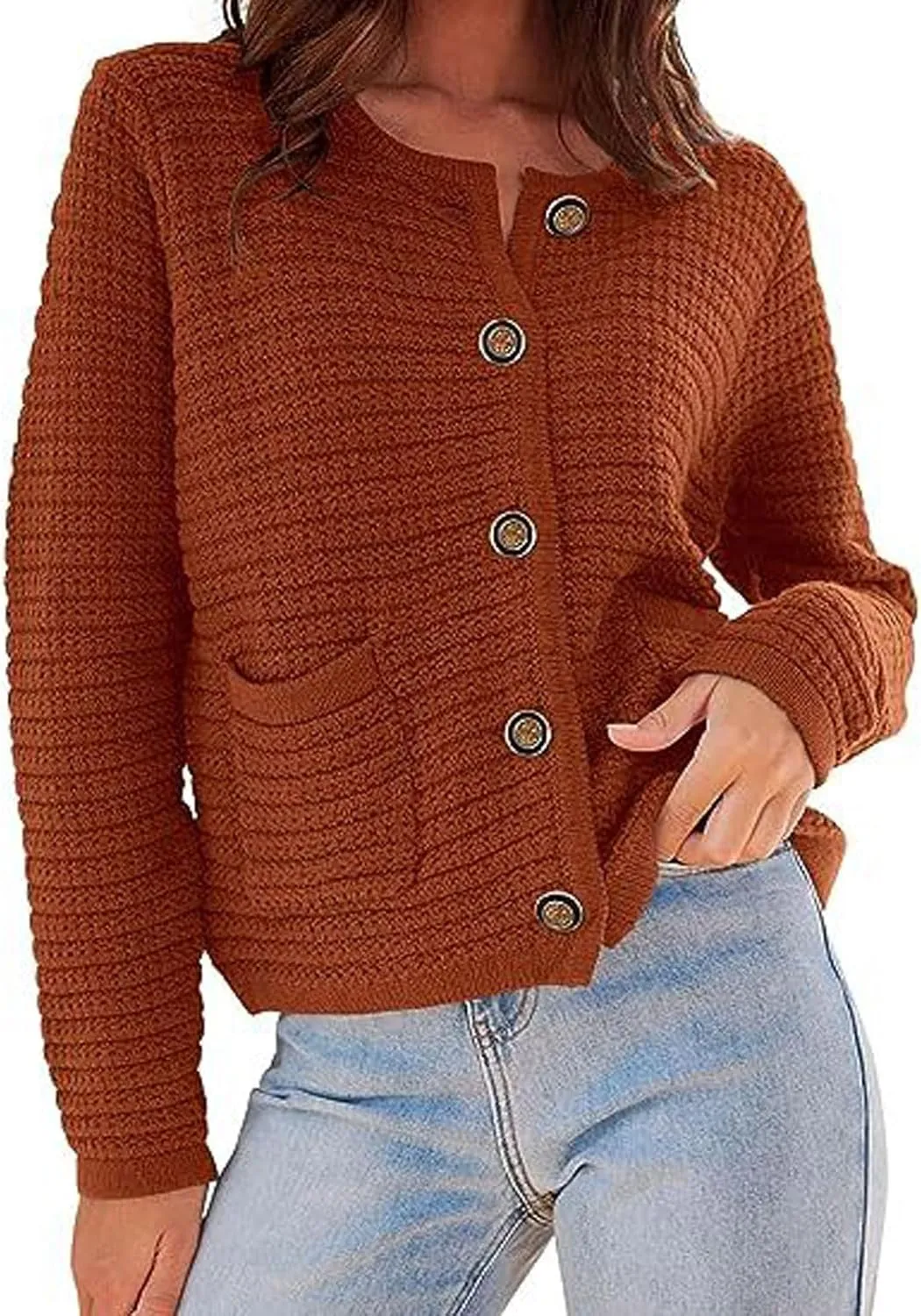 CHARTOU Women Casual Cable Knit Cropped Cardigan Sweaters Short Knitted Blazer Crewneck Button Down Sweater Jacket Pockets