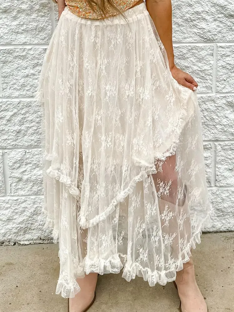 CHARTOU Women Lace Long Skirt Summer Boho Beach Asymmetrical Tiered Flowy Maxi Skirt