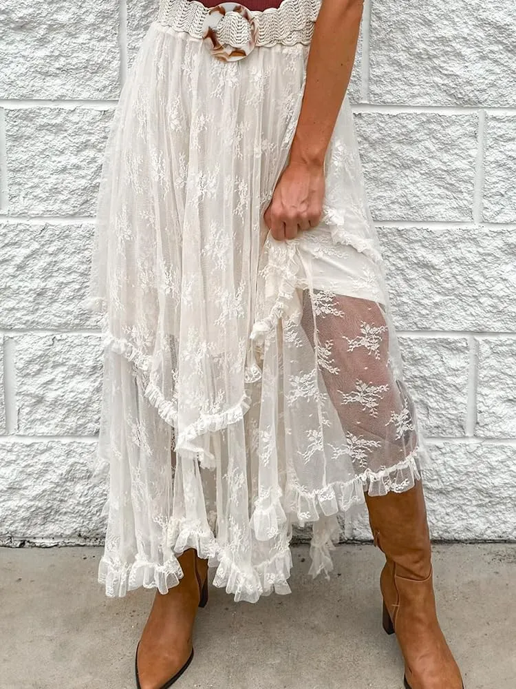 CHARTOU Women Lace Long Skirt Summer Boho Beach Asymmetrical Tiered Flowy Maxi Skirt