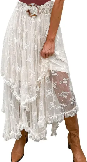 CHARTOU Women Lace Long Skirt Summer Boho Beach Asymmetrical Tiered Flowy Maxi Skirt