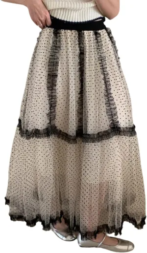 CHARTOU Women Polka Dot Tulle Maxi Skirt Long Flowy Tutu Mesh Lace Ruffle A Line Layered Skirt
