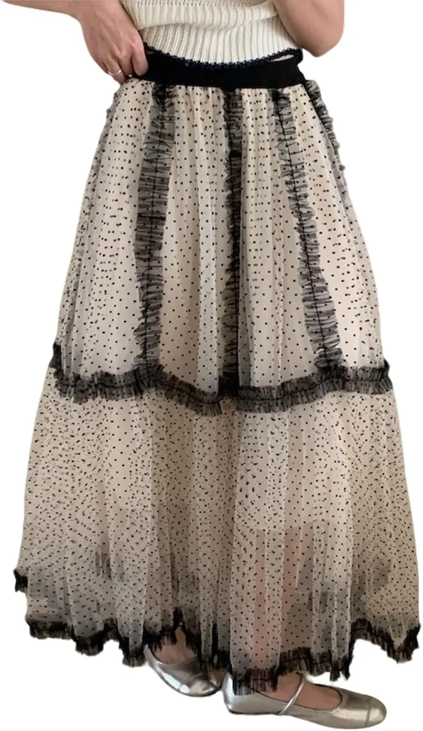 CHARTOU Women Polka Dot Tulle Maxi Skirt Long Flowy Tutu Mesh Lace Ruffle A Line Layered Skirt