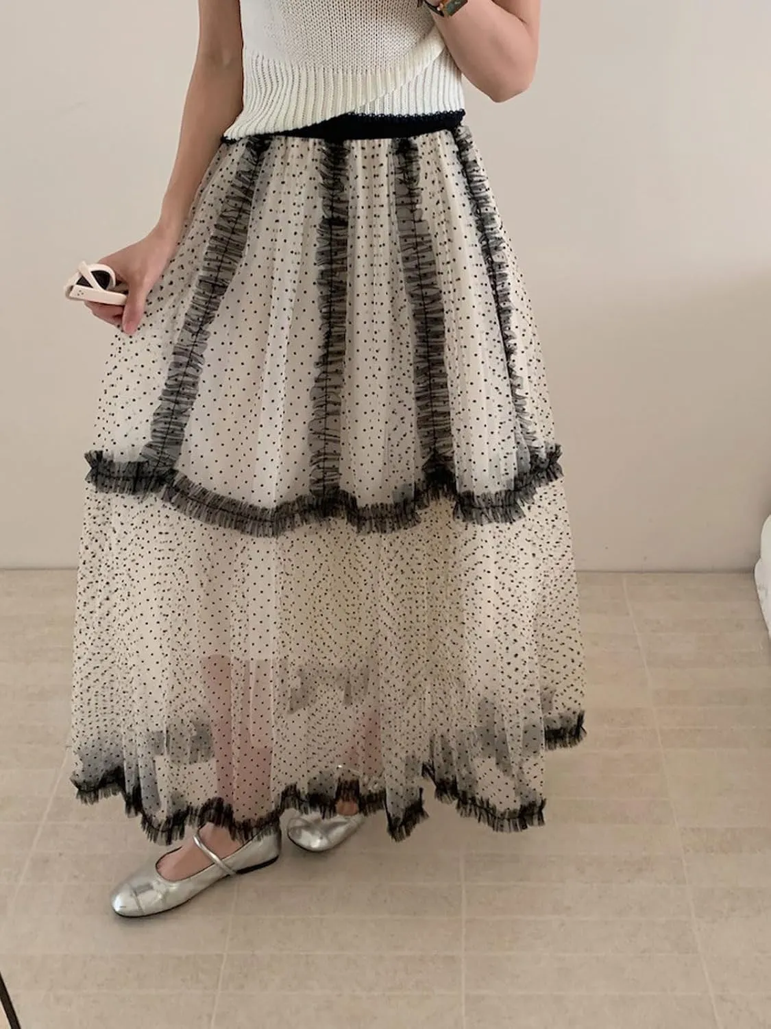 CHARTOU Women Polka Dot Tulle Maxi Skirt Long Flowy Tutu Mesh Lace Ruffle A Line Layered Skirt