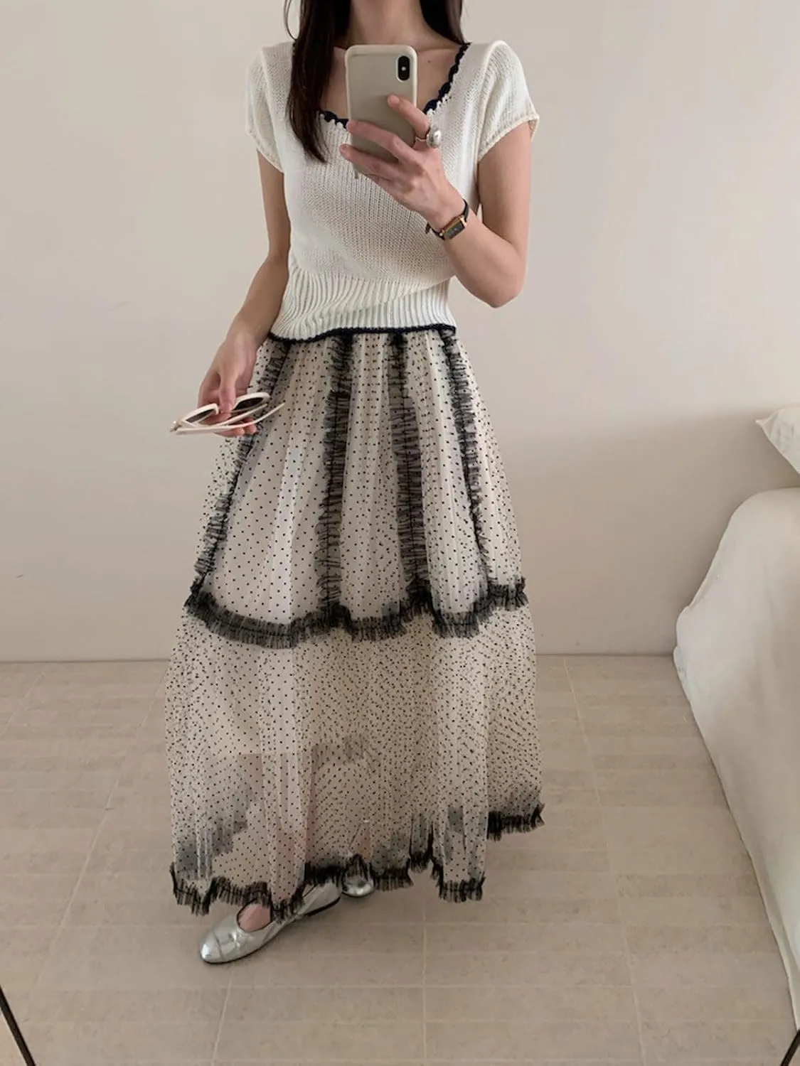 CHARTOU Women Polka Dot Tulle Maxi Skirt Long Flowy Tutu Mesh Lace Ruffle A Line Layered Skirt