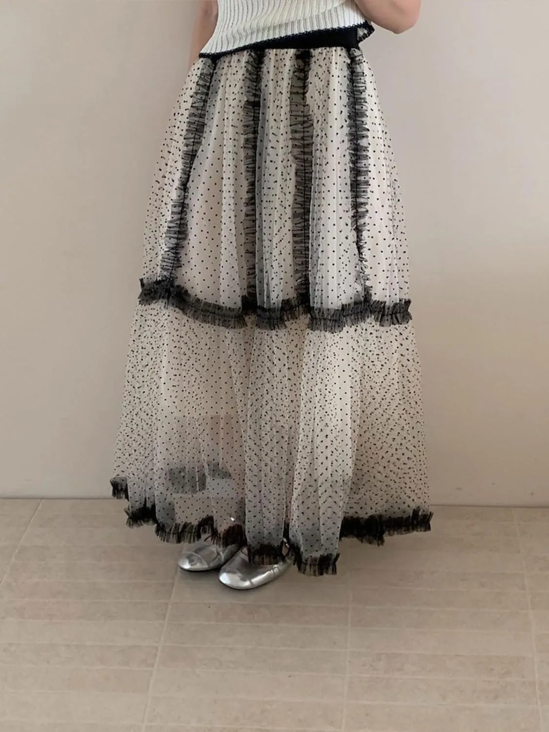 CHARTOU Women Polka Dot Tulle Maxi Skirt Long Flowy Tutu Mesh Lace Ruffle A Line Layered Skirt