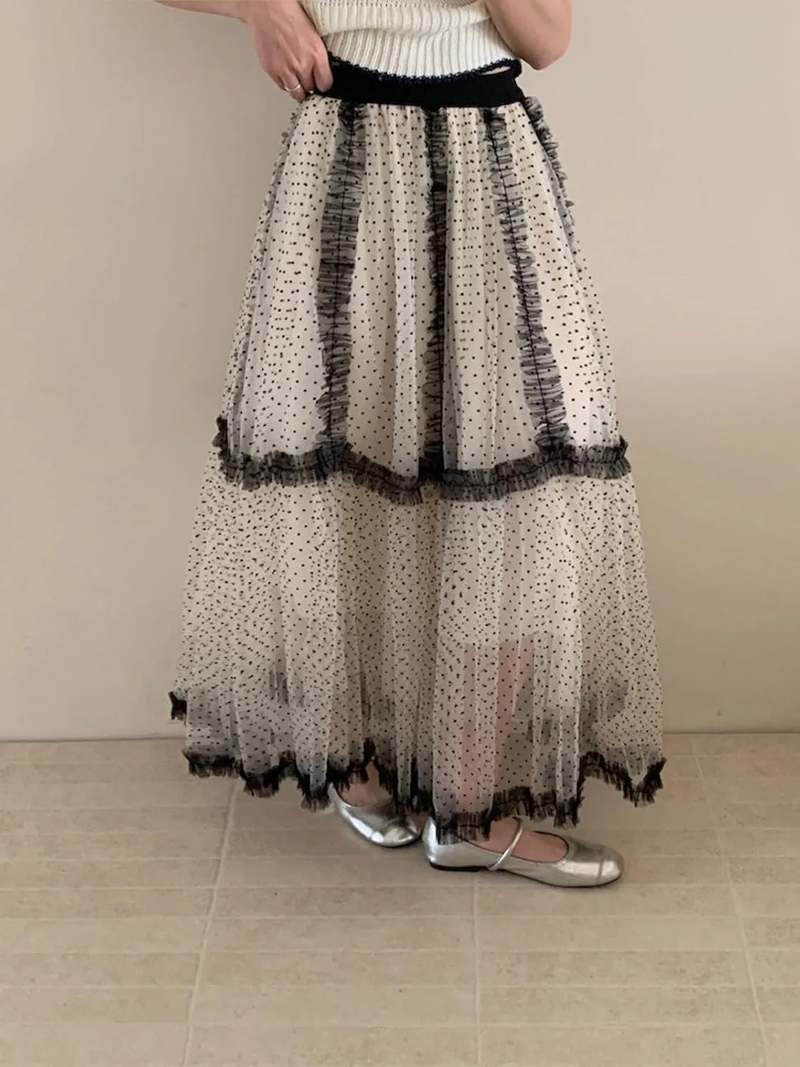 CHARTOU Women Polka Dot Tulle Maxi Skirt Long Flowy Tutu Mesh Lace Ruffle A Line Layered Skirt