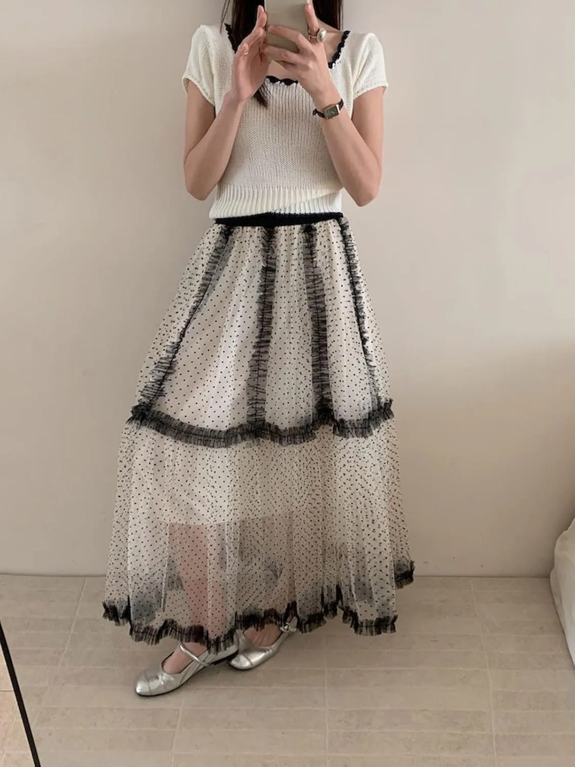 CHARTOU Women Polka Dot Tulle Maxi Skirt Long Flowy Tutu Mesh Lace Ruffle A Line Layered Skirt