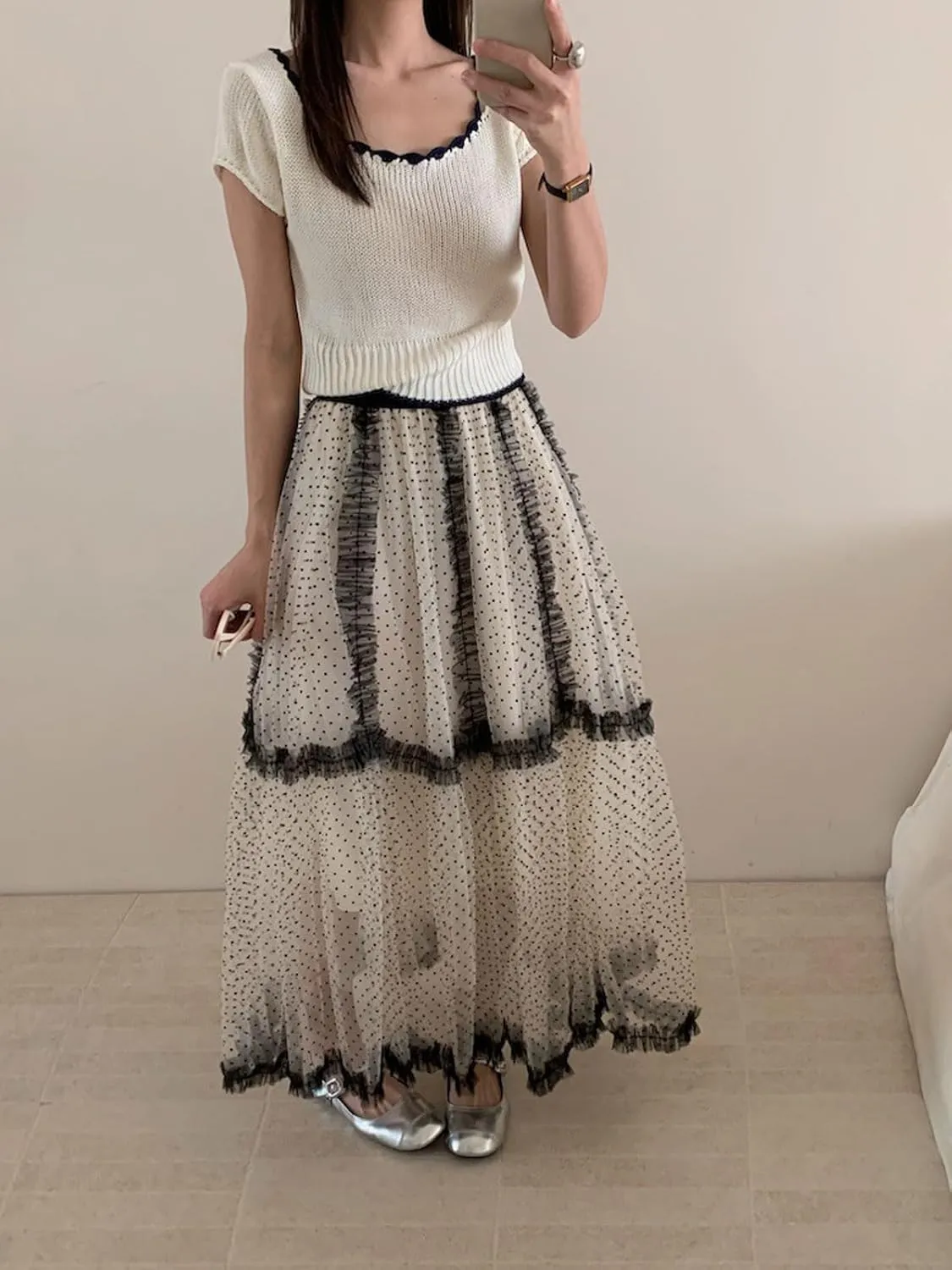 CHARTOU Women Polka Dot Tulle Maxi Skirt Long Flowy Tutu Mesh Lace Ruffle A Line Layered Skirt