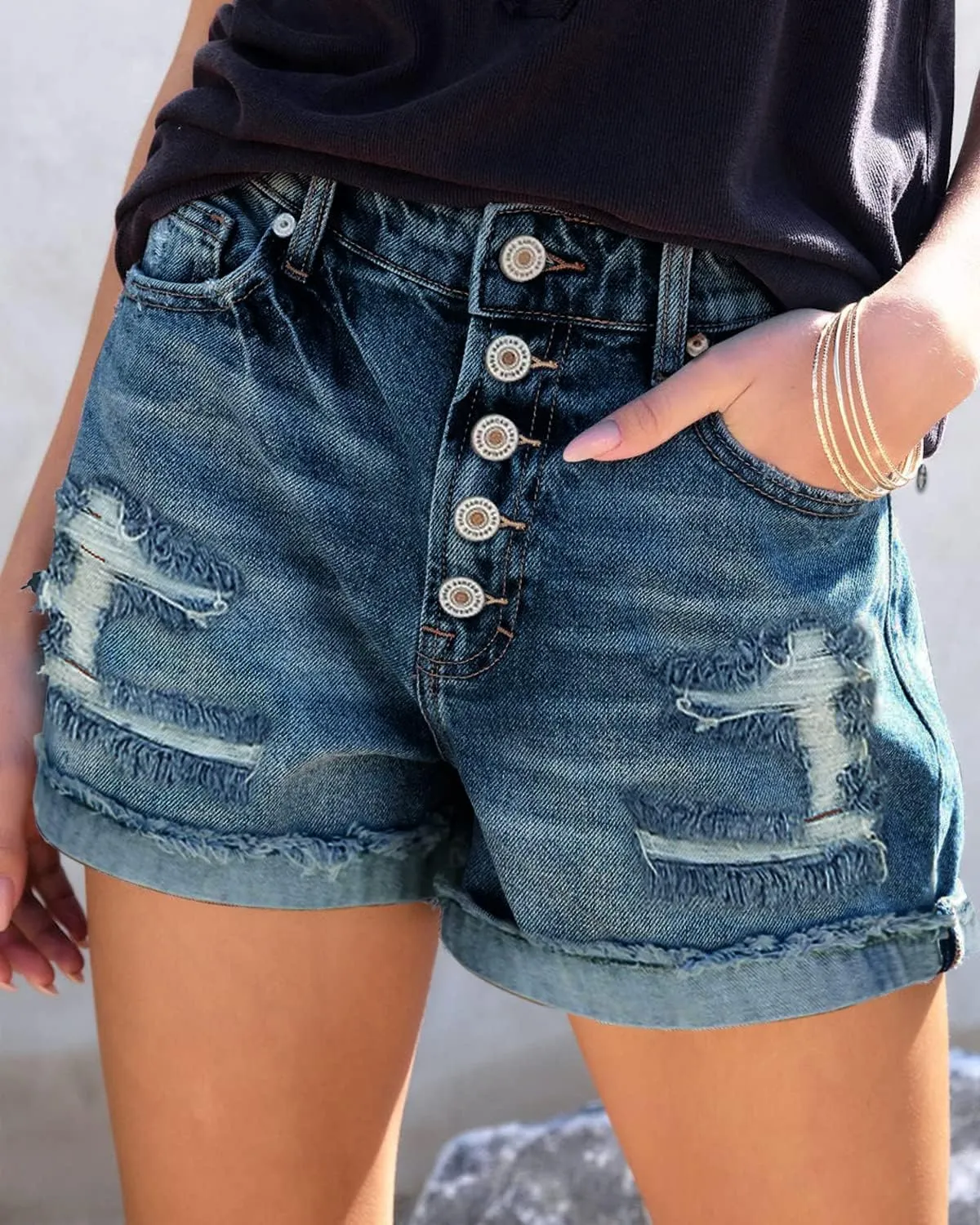 CHICZONE Womens Mid-High Waisted Ripped Denim Jean Shorts Cutoff Stretchy Summer Hot Short Pants