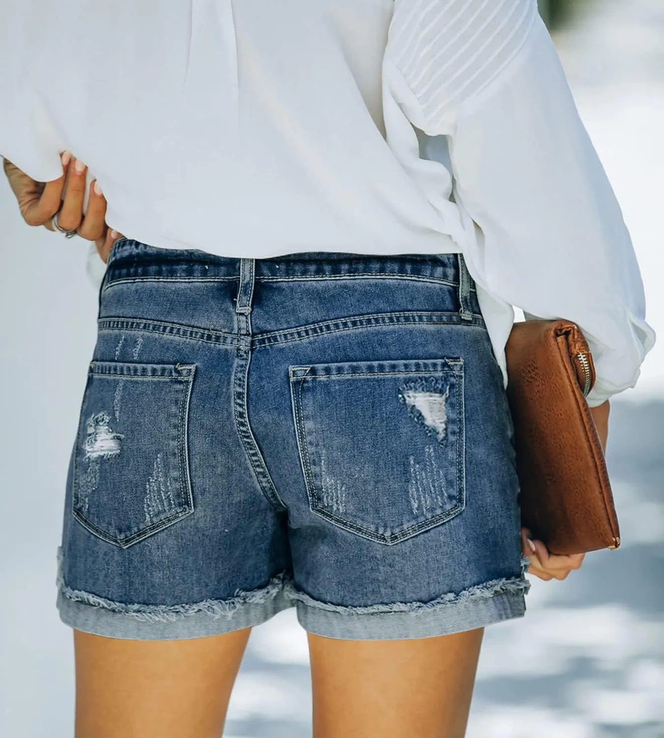 CHICZONE Womens Mid-High Waisted Ripped Denim Jean Shorts Cutoff Stretchy Summer Hot Short Pants