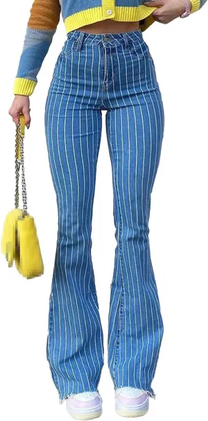 Conshvi Women's Striped Stretch High Waisted Bell Bottom Jeans Raw Hem Flared Denim Pants Y2K Streetwear