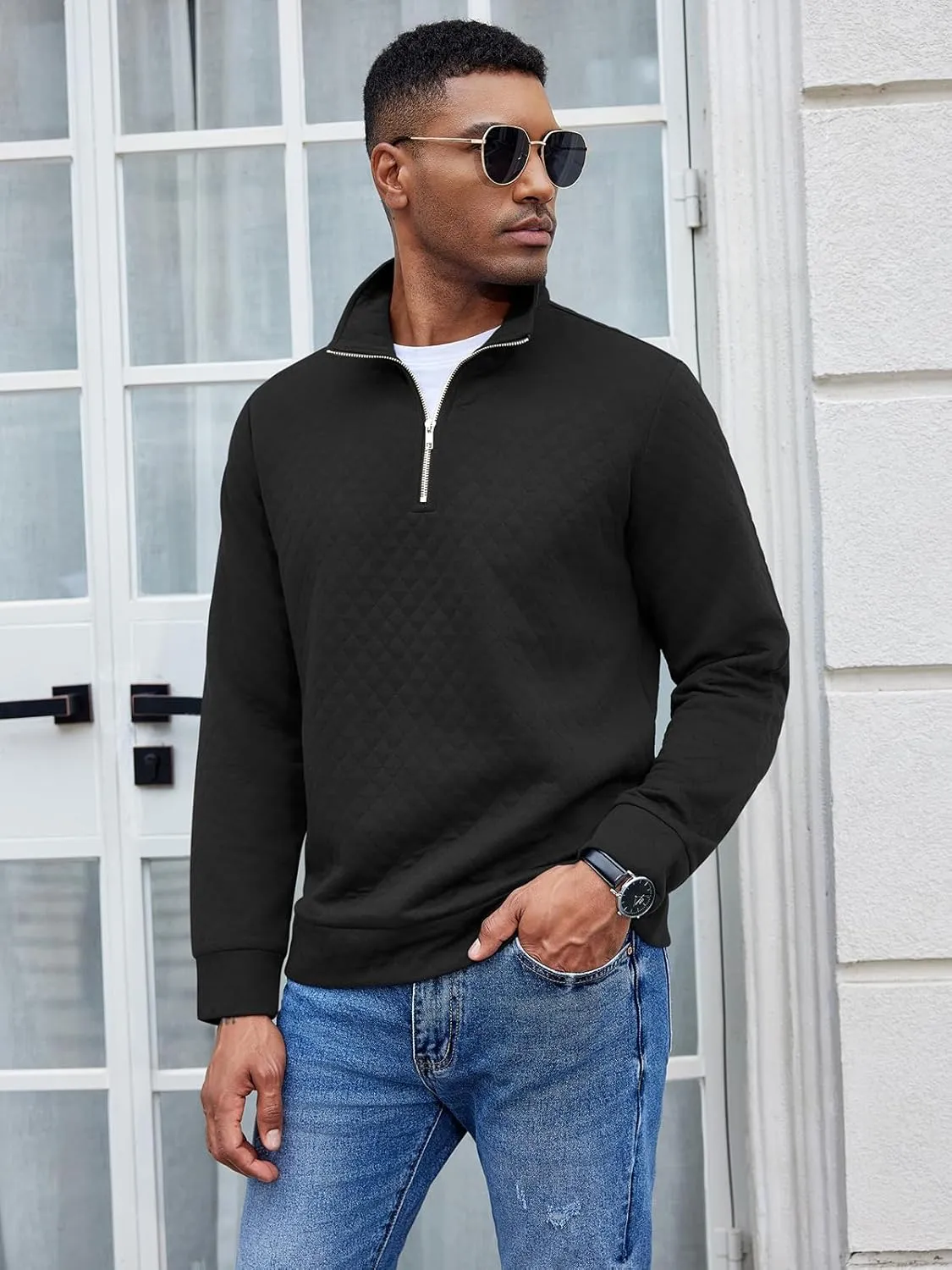 COOFANDY Men's Fashion Quarter Zip Pullover Long Sleeve Quilted Sweatshirt Plaid Jacquard Polo Mock Neck Sweaters