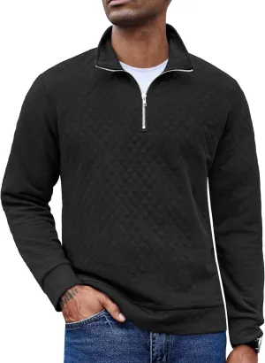 COOFANDY Men's Fashion Quarter Zip Pullover Long Sleeve Quilted Sweatshirt Plaid Jacquard Polo Mock Neck Sweaters