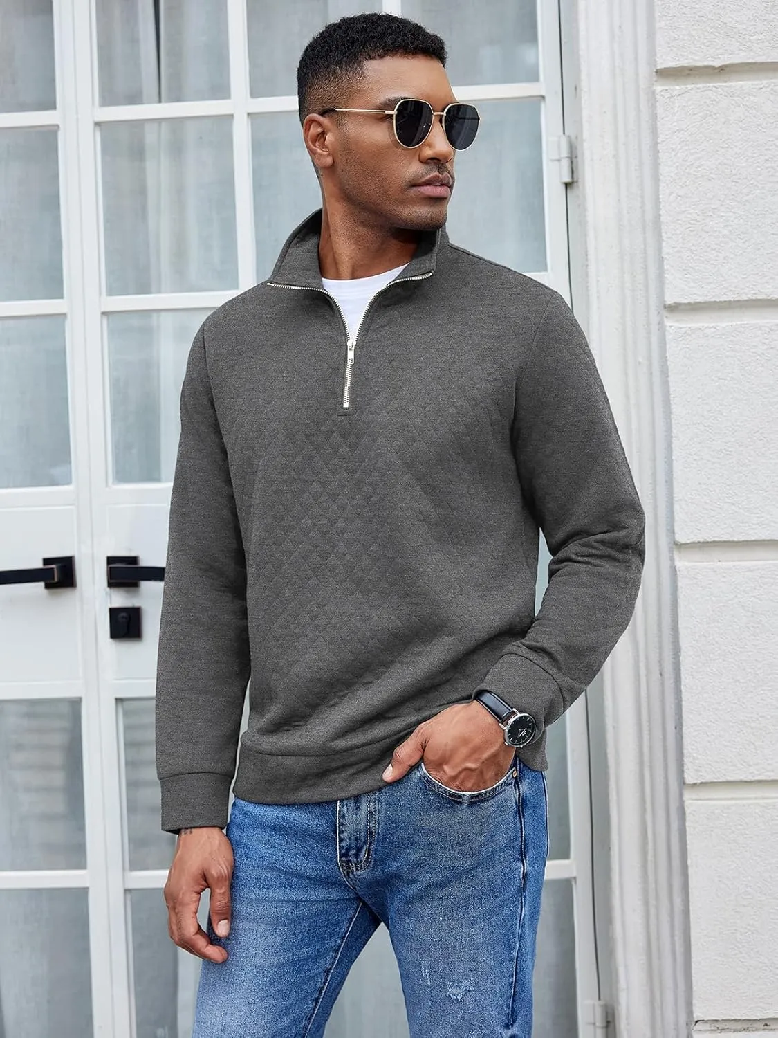 COOFANDY Men's Fashion Quarter Zip Pullover Long Sleeve Quilted Sweatshirt Plaid Jacquard Polo Mock Neck Sweaters