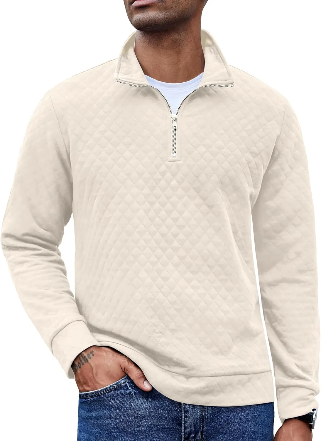 COOFANDY Men's Fashion Quarter Zip Pullover Long Sleeve Quilted Sweatshirt Plaid Jacquard Polo Mock Neck Sweaters