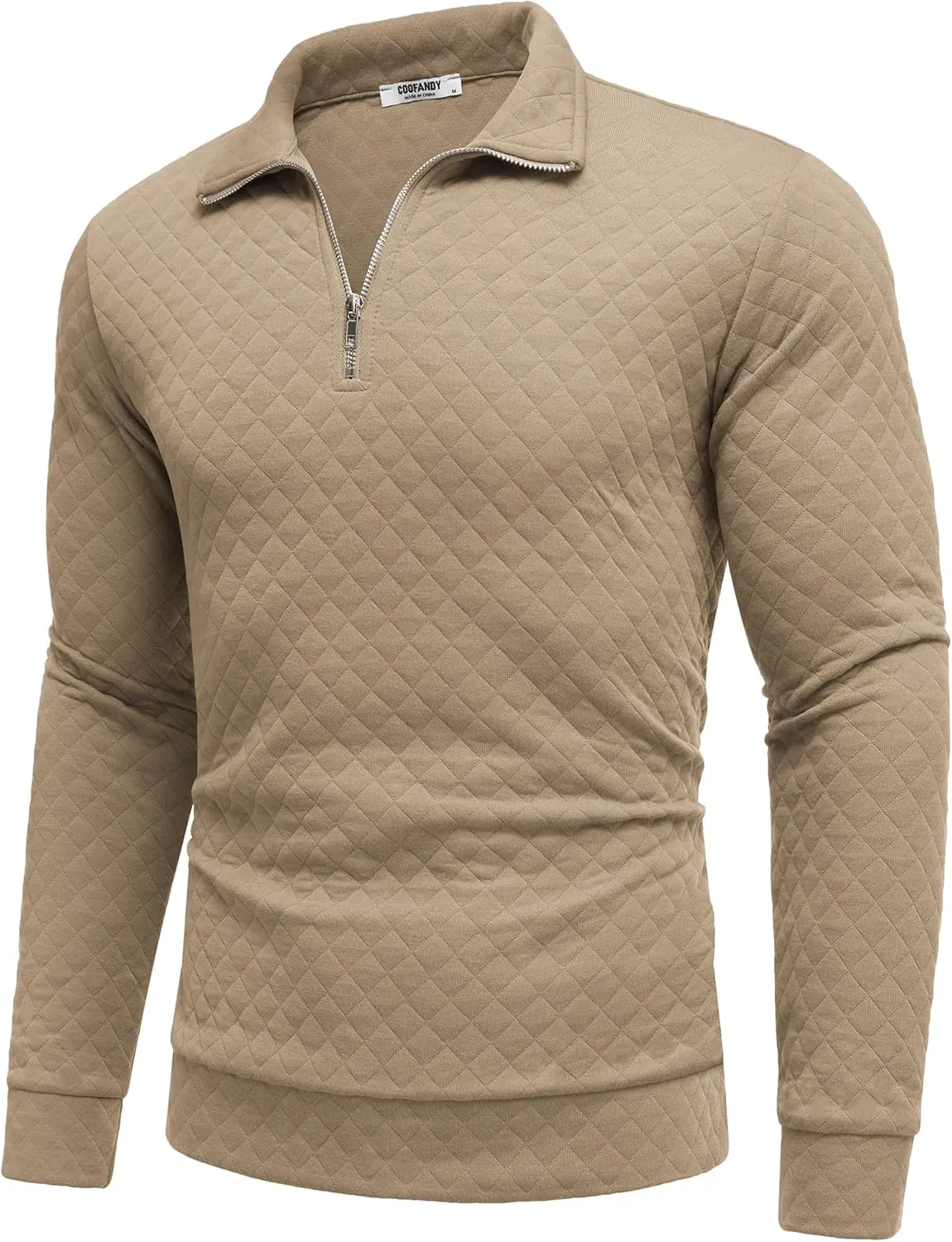 COOFANDY Men's Fashion Quarter Zip Pullover Long Sleeve Quilted Sweatshirt Plaid Jacquard Polo Mock Neck Sweaters