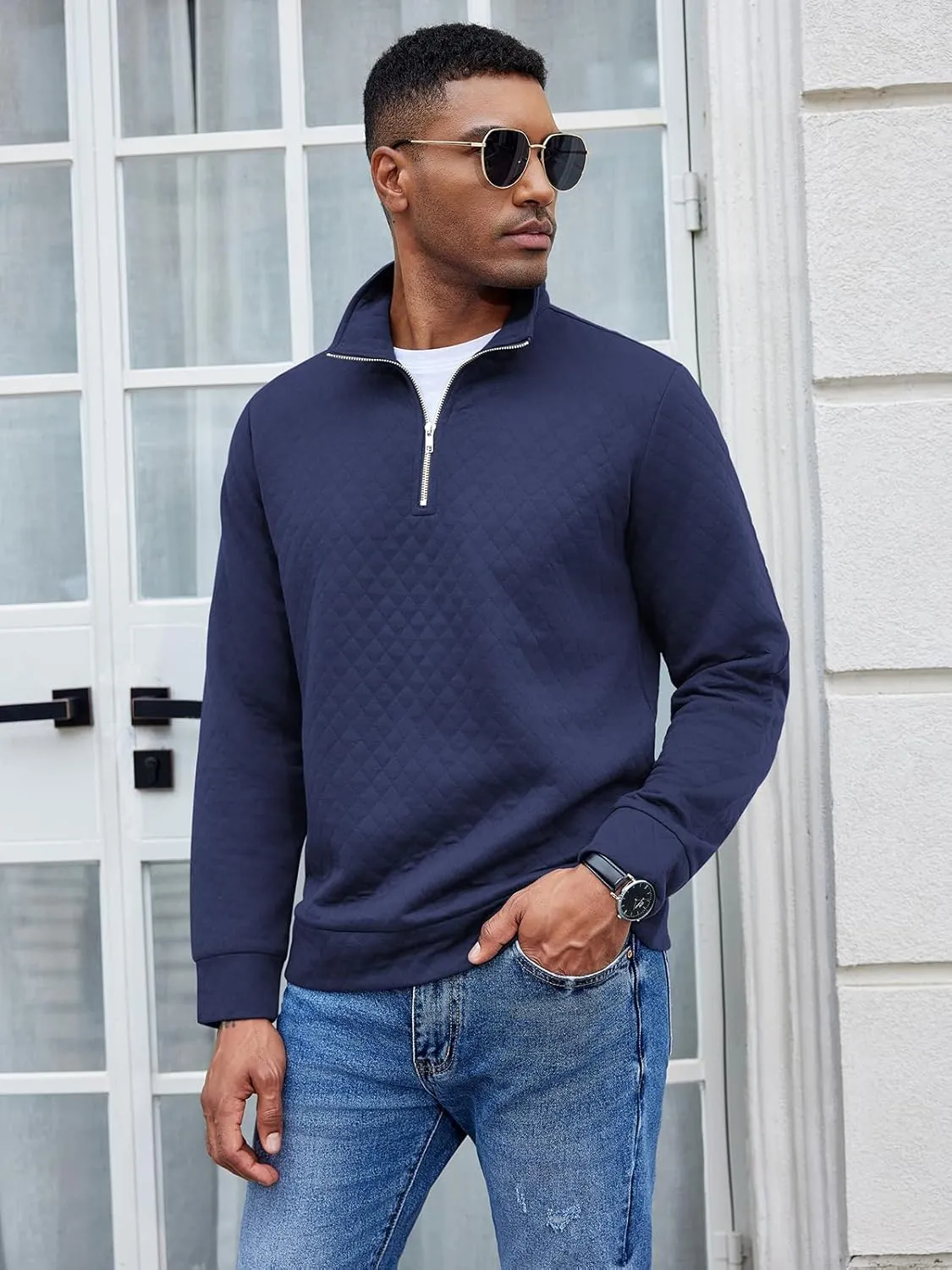 COOFANDY Men's Fashion Quarter Zip Pullover Long Sleeve Quilted Sweatshirt Plaid Jacquard Polo Mock Neck Sweaters