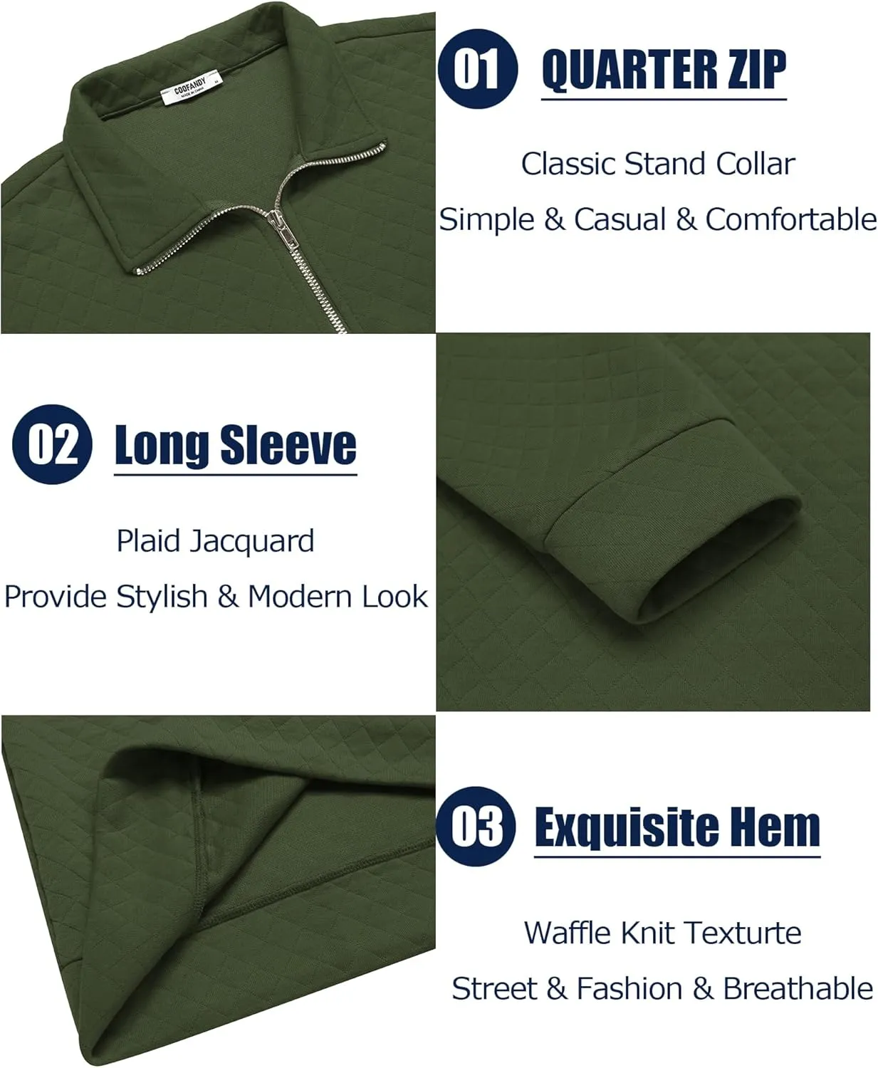 COOFANDY Men's Fashion Quarter Zip Pullover Long Sleeve Quilted Sweatshirt Plaid Jacquard Polo Mock Neck Sweaters